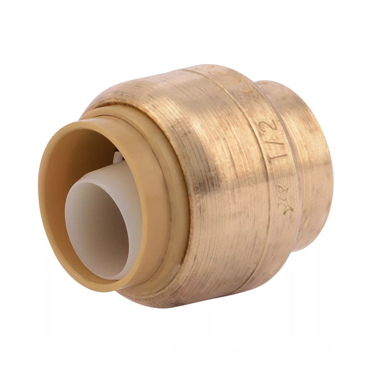 The Go Build 1/2 in. Push-to-Connect End Stop features a visible plastic insert for quick, tool-free pipe connections—no soldering required.